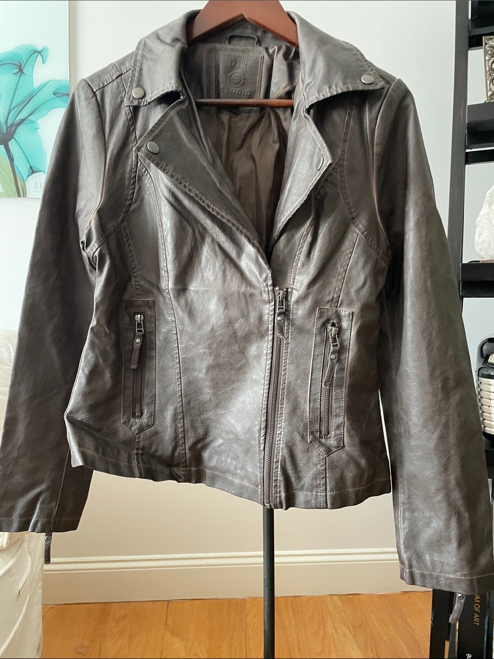 Max Studio faux leather Women's brown Moto Jacket - Classic Zip Front